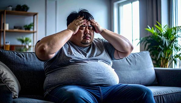 肥満で疲れやすく、額に手をやる男性 肥満で疲れやすく、額に手をやる男性の写真