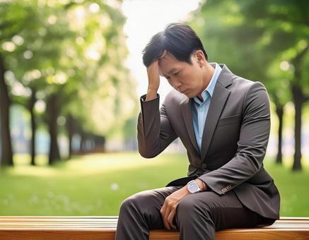 リストラで途方にくれるサラリーマンの写真