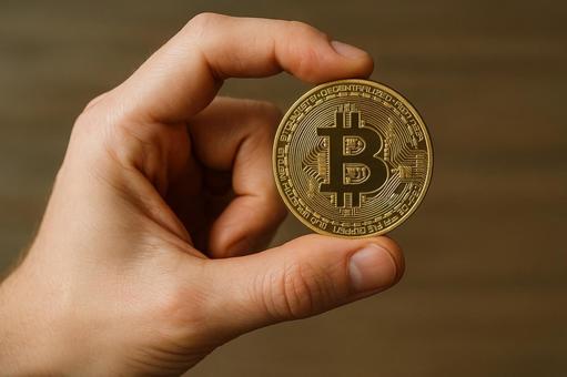ビットコインを持ち上げる手 ビットコインを持ち上げる手の写真