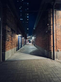 レンガ造りの建物の小道 壁,夜,風景の写真素材