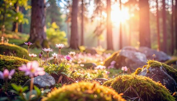 苔むす岩と山野草 苔むす岩と山野草の写真