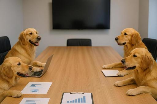 会議室でミーティングをする犬 会議室でミーティングをする犬の写真