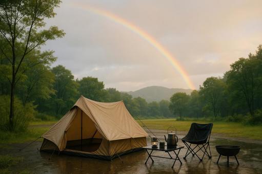 雨上がりのキャンプと虹の写真