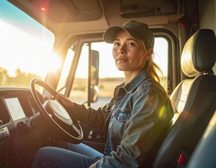 トラックを運転する女性ドライバー トラックを運転する女性ドライバーの写真