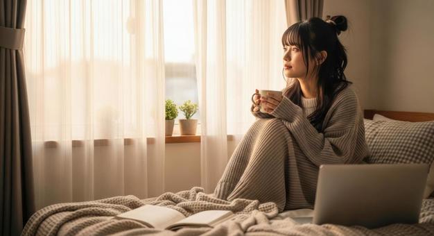 窓辺でコーヒーを飲む女性の写真 窓辺でコーヒーを飲む女性の写真の写真