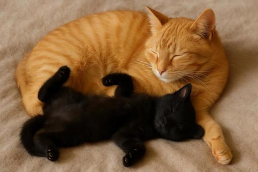 茶トラ猫と黒猫の親子が寄り添う写真 茶トラ猫と黒猫の親子が寄り添う写真の写真