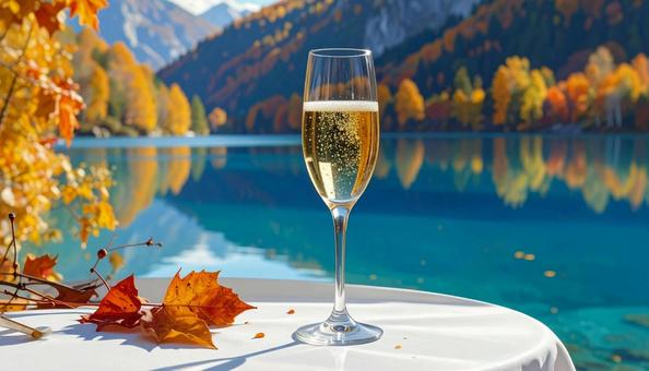 紅葉の湖とシャンパン 紅葉の湖とシャンパンの写真