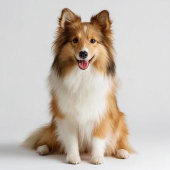 笑顔で座るシェルティー犬 笑顔で座るシェルティー犬の写真