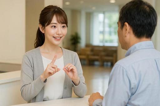 病院受付で患者に手話で案内するシーン 病院受付で患者に手話で案内するシーンの写真