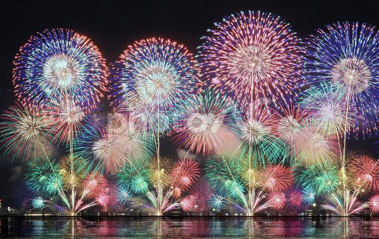 夜空を彩る打ち上げ花火/松江水郷祭 松江水郷祭,打ち上げ花火,花火の写真素材