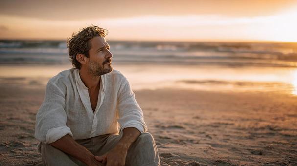 穏やかな夕日を眺める中年男性 穏やかな夕日を眺める中年男性の写真