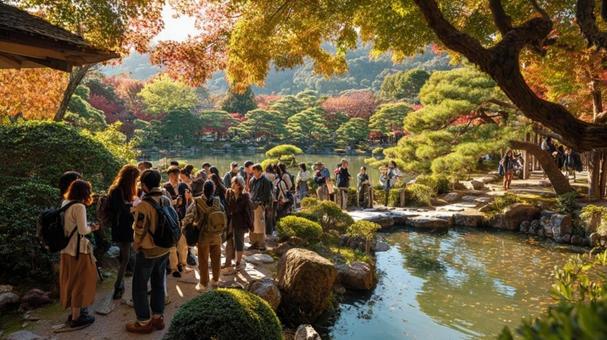 日本庭園と外国人観光客 日本庭園と外国人観光客の写真