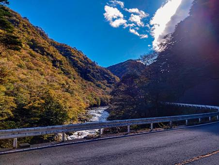 国道から見える箒川の紅葉 秋,紅葉,国道の写真素材