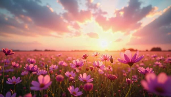 Cosmos field and sunset AI generated image, cosmos, flower, cosmos field, JPG