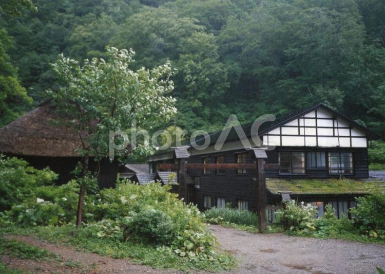 雨の日の秋田県乳頭温泉郷の温泉宿入口 秋田県,秋田,乳頭温泉の写真素材