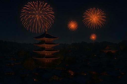 夜を彩る五重塔花火 夜を彩る五重塔花火の写真