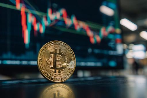 デジタル経済の象徴、ビットコインとグラフ デジタル経済の象徴、ビットコインとグラフの写真