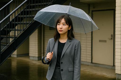 階段下で傘を差す女性 階段下で傘を差す女性の写真