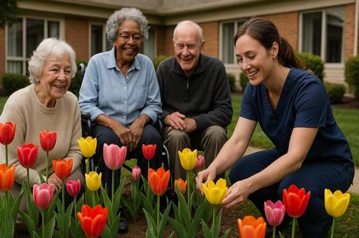 チューリップ囲む笑顔の時間の写真