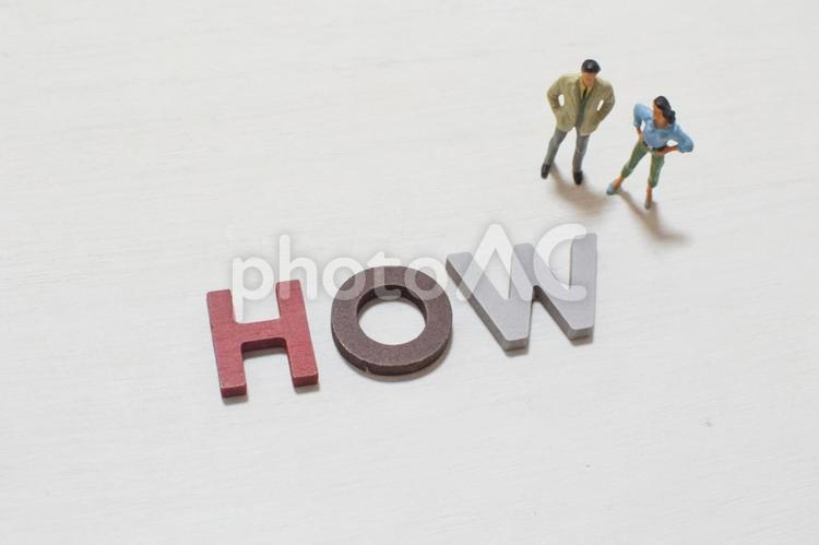 HOWの文字とビジネスマン どう,どうやって,howの写真素材