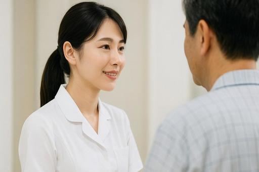 病院で看護師が笑顔で対応中・医療現場 病院で看護師が笑顔で対応中・医療現場の写真
