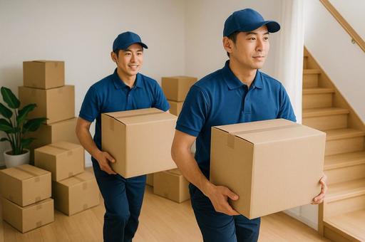 荷物を運ぶ引っ越し業者の男性たち 荷物を運ぶ引っ越し業者の男性たちの写真