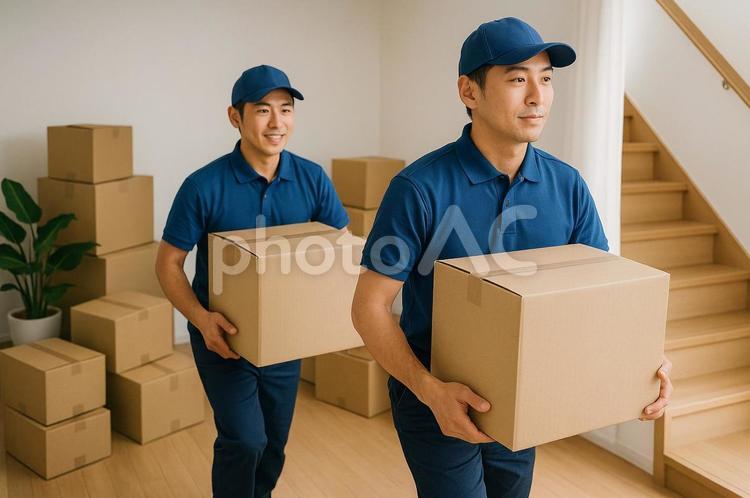 荷物を運ぶ引っ越し業者の男性たち 引っ越し,配達,宅配業者の写真素材