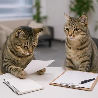 円卓で会議をする猫 円卓で会議をする猫の写真