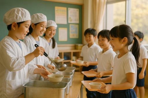 給食係がクラスの生徒に給食を配るシーン 給食係がクラスの生徒に給食を配るシーンの写真