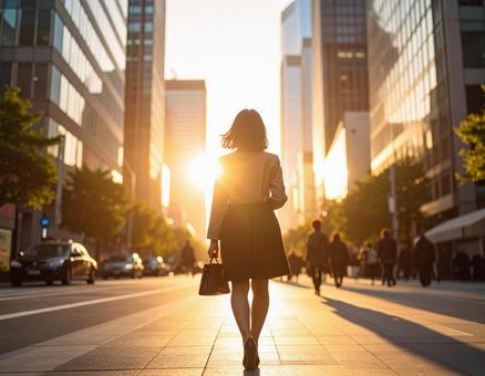 夕日に向かって歩く日本人女性 都会の街2 夕日に向かって歩く日本人女性 都会の街2の写真