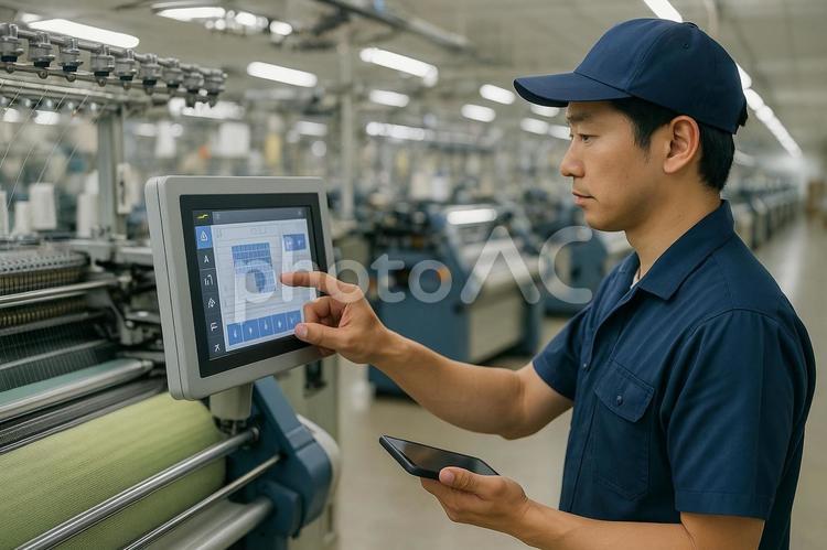 産業用編み機制御　繊維工場タッチパネル式 編み機,産業用編み機,タッチパネルの写真素材