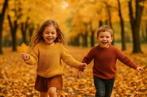 紅葉した公園や並木道で遊ぶ子供 紅葉した公園や並木道で遊ぶ子供の写真