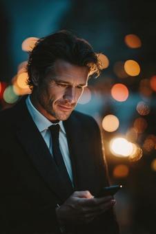 夜景とスマートフォンを持つ男性 夜景とスマートフォンを持つ男性の写真