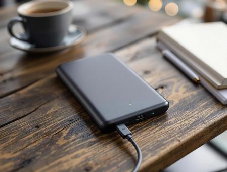 カフェでモバイルバッテリーを充電する カフェでモバイルバッテリーを充電するの写真