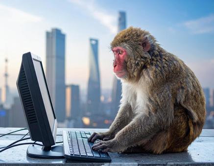 申年フォト・未来都市でパソコン操作する猿の写真