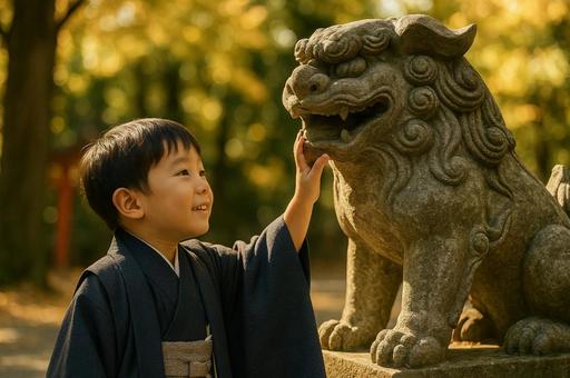 狛犬に触れる子ども 狛犬に触れる子どもの写真