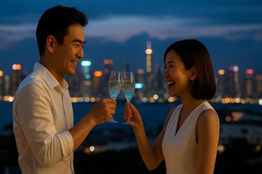 夜景を背景に乾杯する日本人カップル 夜景を背景に乾杯する日本人カップルの写真