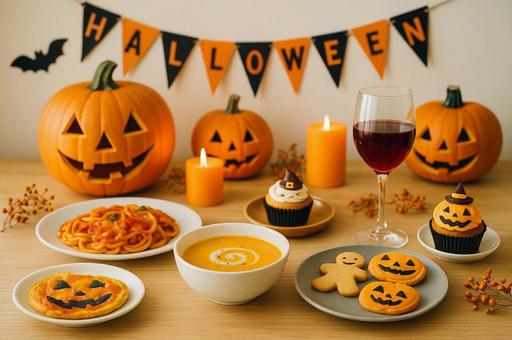 明るめ背景のハロウィン食事シーンの写真