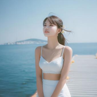 青空と海と白い夏服の女性 青空と海と白い夏服の女性の写真