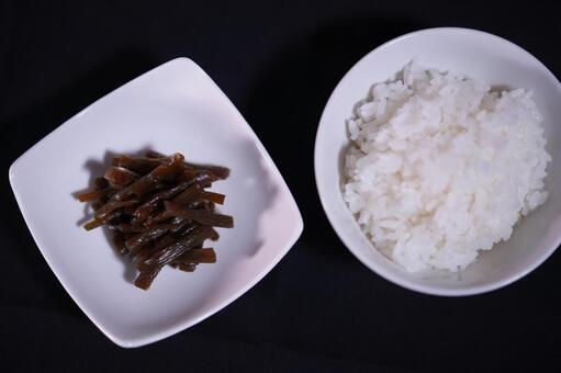きゃらぶき（蕗の佃煮）とご飯・真上から きゃらぶき,蕗,佃煮の写真素材