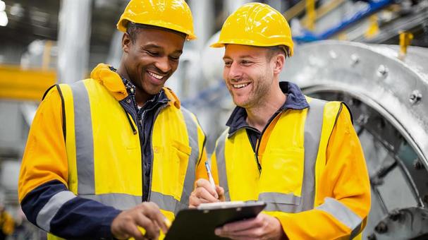 Two industrial engineers discussing in a factory, technician, engineer, operator, JPG