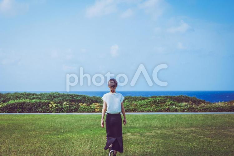 青空と草原に立つ女性の後ろ姿 青空,女性,人物の写真素材