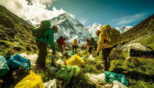 山で環境保護のゴミ拾いをする 山で環境保護のゴミ拾いをするの写真