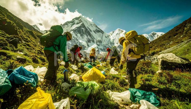 山で環境保護のゴミ拾いをする 清掃,ゴミ拾い,ボランティアの写真素材