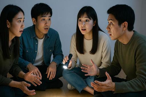 輪になって怪談話・怖い話をする人たち 輪になって怪談話・怖い話をする人たちの写真