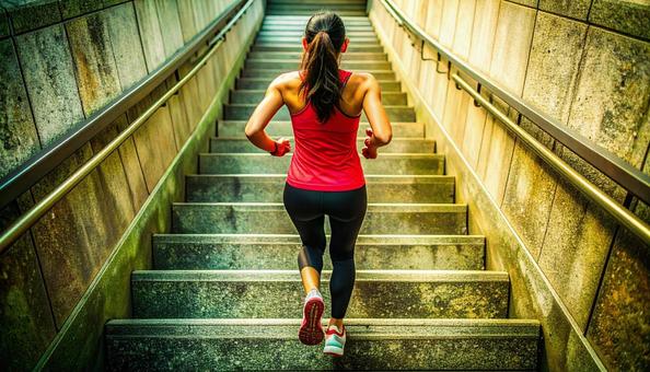 階段を駆け下りる日本人の女性ランナーの写真