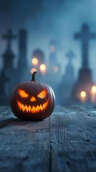 古い墓地の木の板で輝くハロウィンかぼちゃ 古い墓地の木の板で輝くハロウィンかぼちゃの写真