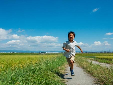 田舎道を全速力で走る男の子 田舎道を全速力で走る男の子の写真