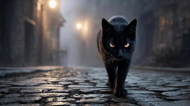 街灯の下に現れる黒猫の写真