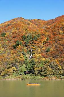 紅葉の白糸の滝を眺めながらの舟下り 紅葉,秋,風景の写真素材